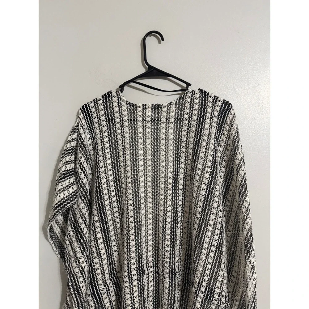 Time and Tru Womens Black White Striped Open Knit Kimono Wrap Cover Up S/M